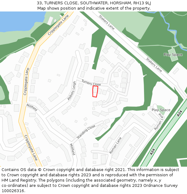 33, TURNERS CLOSE, SOUTHWATER, HORSHAM, RH13 9LJ: Location map and indicative extent of plot