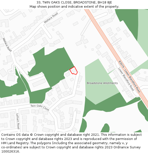 33, TWIN OAKS CLOSE, BROADSTONE, BH18 8JE: Location map and indicative extent of plot