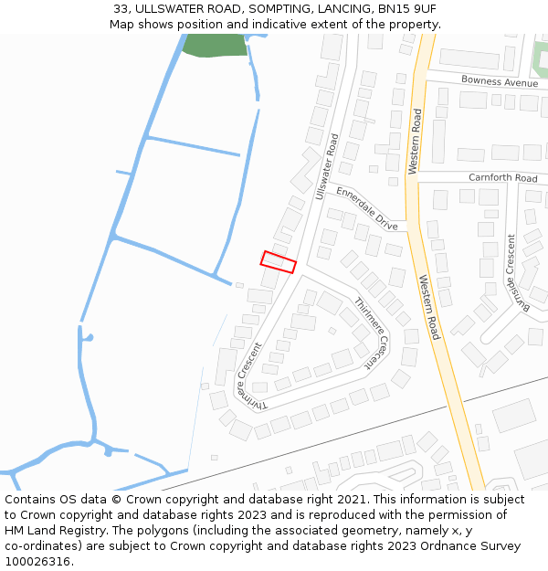 33, ULLSWATER ROAD, SOMPTING, LANCING, BN15 9UF: Location map and indicative extent of plot