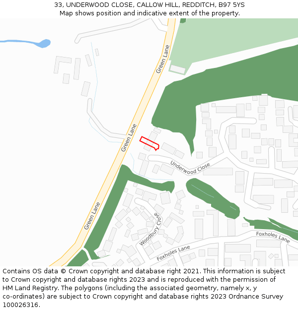 33, UNDERWOOD CLOSE, CALLOW HILL, REDDITCH, B97 5YS: Location map and indicative extent of plot