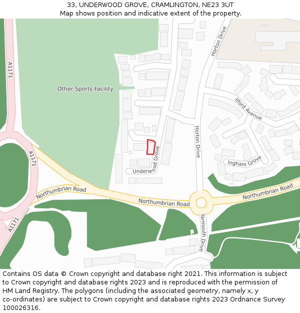 33, UNDERWOOD GROVE, CRAMLINGTON, NE23 3UT: Location map and indicative extent of plot