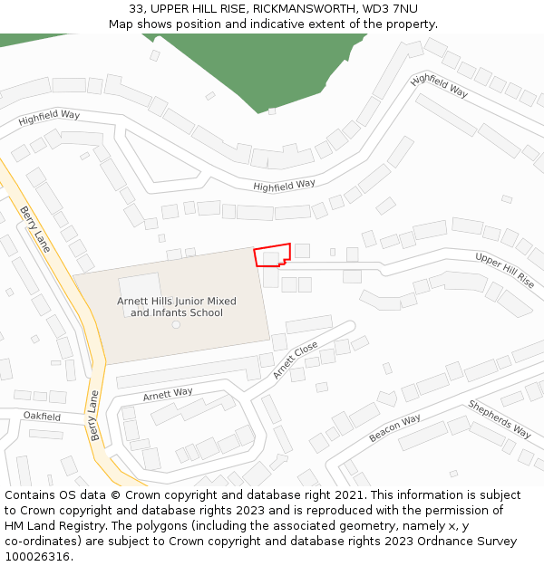 33, UPPER HILL RISE, RICKMANSWORTH, WD3 7NU: Location map and indicative extent of plot