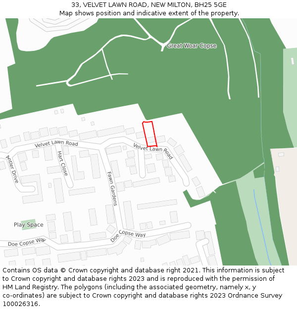 33, VELVET LAWN ROAD, NEW MILTON, BH25 5GE: Location map and indicative extent of plot