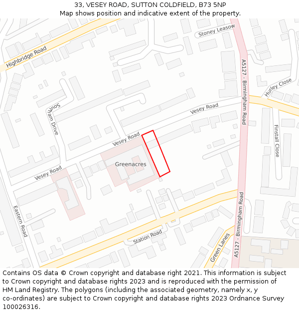 33, VESEY ROAD, SUTTON COLDFIELD, B73 5NP: Location map and indicative extent of plot