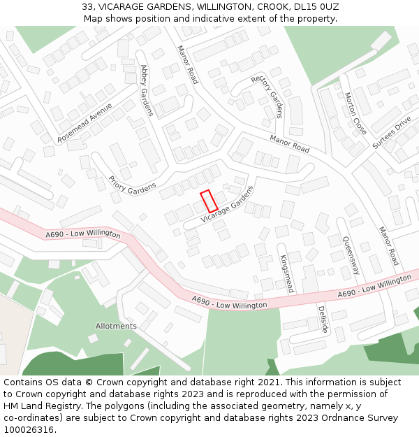 33, VICARAGE GARDENS, WILLINGTON, CROOK, DL15 0UZ: Location map and indicative extent of plot