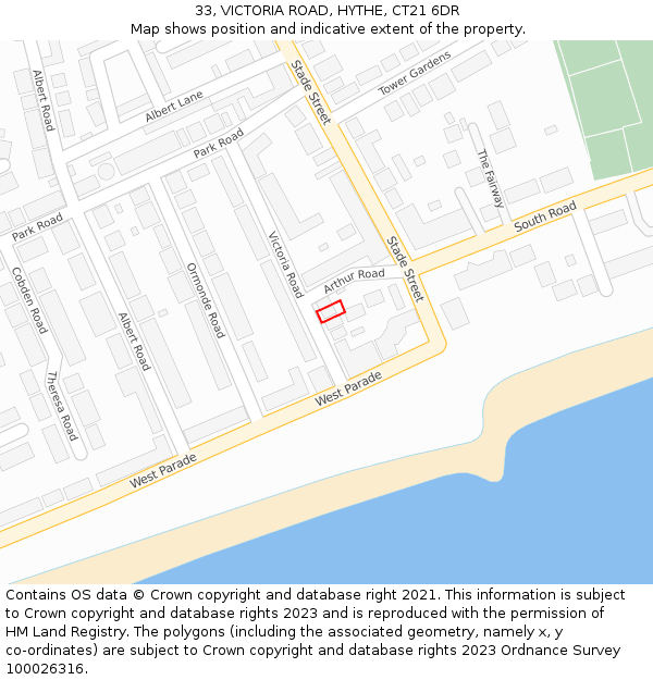 33, VICTORIA ROAD, HYTHE, CT21 6DR: Location map and indicative extent of plot