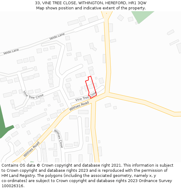 33, VINE TREE CLOSE, WITHINGTON, HEREFORD, HR1 3QW: Location map and indicative extent of plot