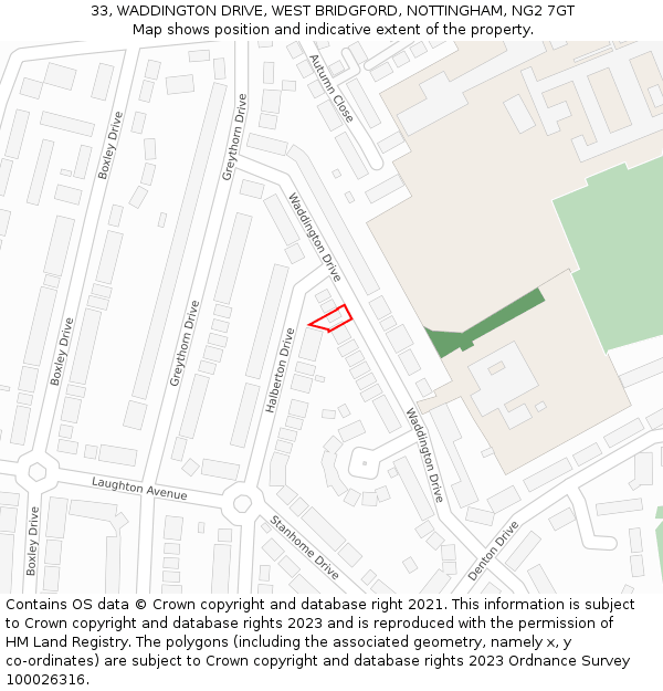 33, WADDINGTON DRIVE, WEST BRIDGFORD, NOTTINGHAM, NG2 7GT: Location map and indicative extent of plot