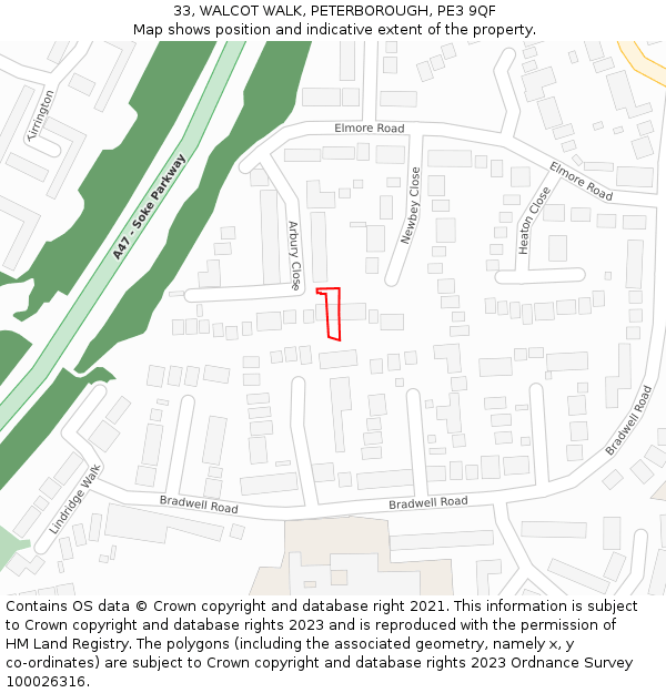 33, WALCOT WALK, PETERBOROUGH, PE3 9QF: Location map and indicative extent of plot