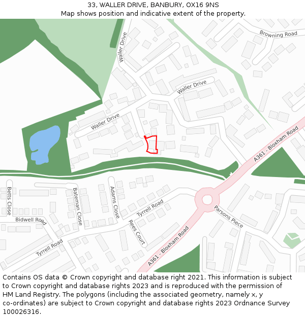 33, WALLER DRIVE, BANBURY, OX16 9NS: Location map and indicative extent of plot