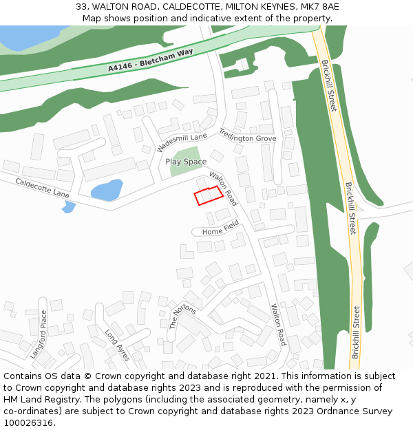 33, WALTON ROAD, CALDECOTTE, MILTON KEYNES, MK7 8AE: Location map and indicative extent of plot