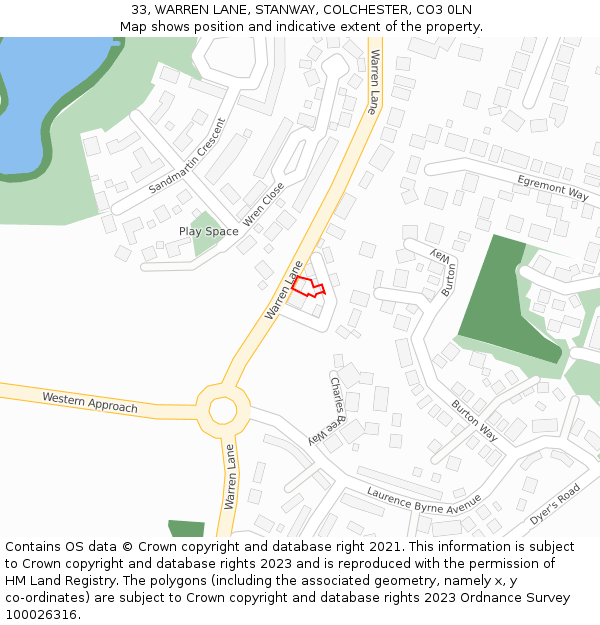 33, WARREN LANE, STANWAY, COLCHESTER, CO3 0LN: Location map and indicative extent of plot