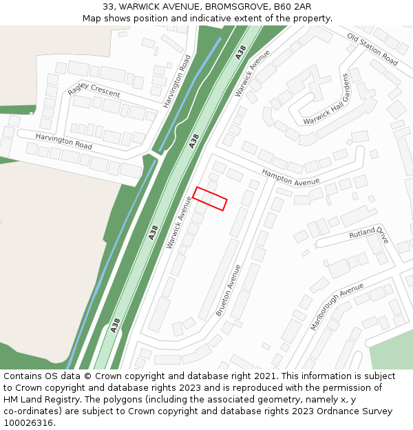 33, WARWICK AVENUE, BROMSGROVE, B60 2AR: Location map and indicative extent of plot