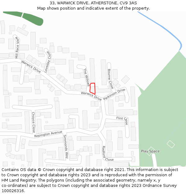 33, WARWICK DRIVE, ATHERSTONE, CV9 3AS: Location map and indicative extent of plot