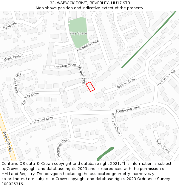 33, WARWICK DRIVE, BEVERLEY, HU17 9TB: Location map and indicative extent of plot