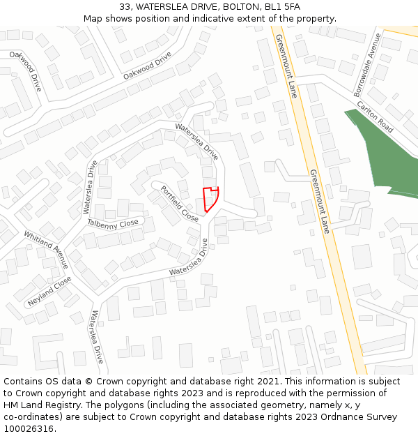 33, WATERSLEA DRIVE, BOLTON, BL1 5FA: Location map and indicative extent of plot