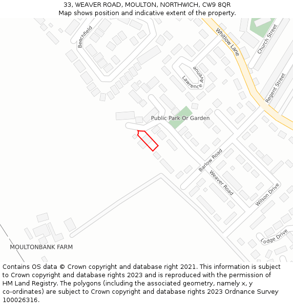 33, WEAVER ROAD, MOULTON, NORTHWICH, CW9 8QR: Location map and indicative extent of plot