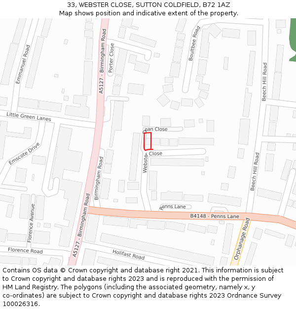 33, WEBSTER CLOSE, SUTTON COLDFIELD, B72 1AZ: Location map and indicative extent of plot