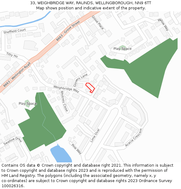 33, WEIGHBRIDGE WAY, RAUNDS, WELLINGBOROUGH, NN9 6TT: Location map and indicative extent of plot