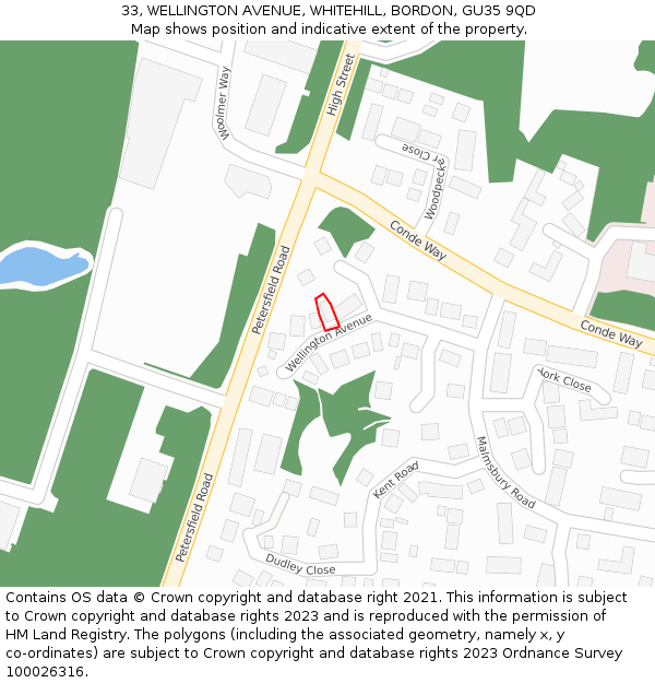 33, WELLINGTON AVENUE, WHITEHILL, BORDON, GU35 9QD: Location map and indicative extent of plot