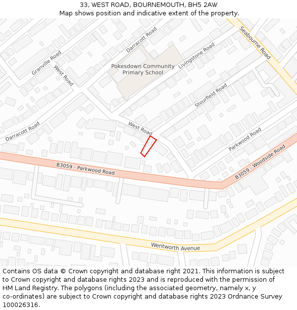 33, WEST ROAD, BOURNEMOUTH, BH5 2AW: Location map and indicative extent of plot