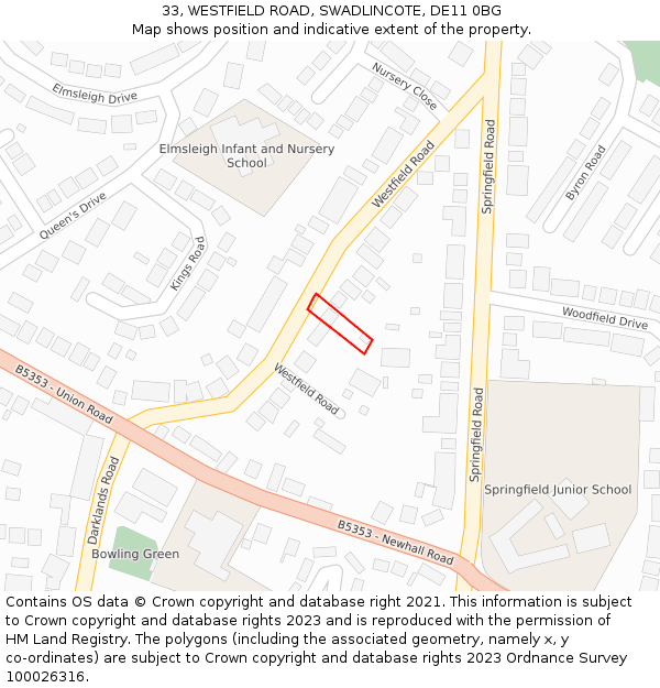 33, WESTFIELD ROAD, SWADLINCOTE, DE11 0BG: Location map and indicative extent of plot