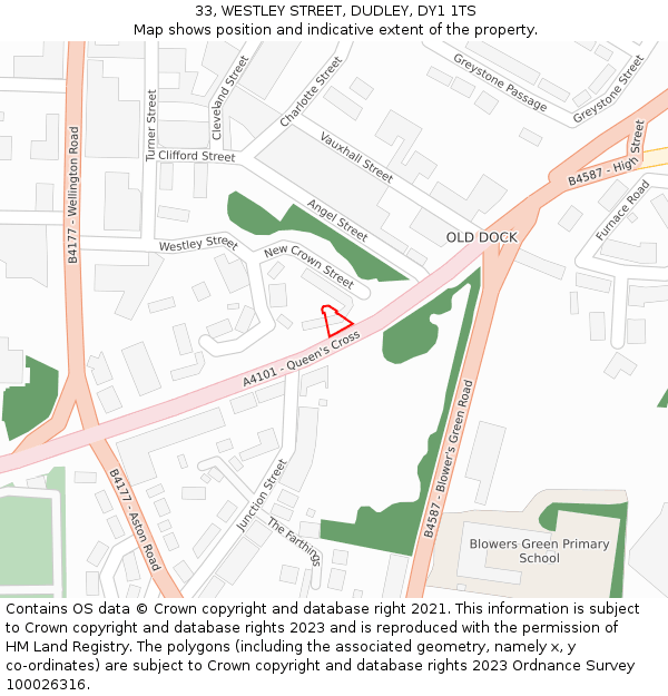 33, WESTLEY STREET, DUDLEY, DY1 1TS: Location map and indicative extent of plot