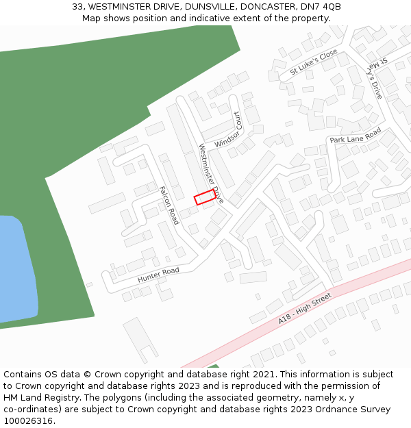 33, WESTMINSTER DRIVE, DUNSVILLE, DONCASTER, DN7 4QB: Location map and indicative extent of plot