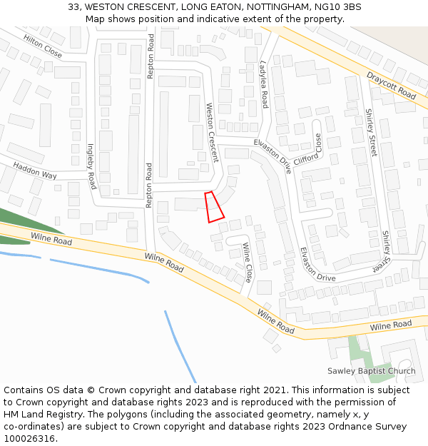 33, WESTON CRESCENT, LONG EATON, NOTTINGHAM, NG10 3BS: Location map and indicative extent of plot