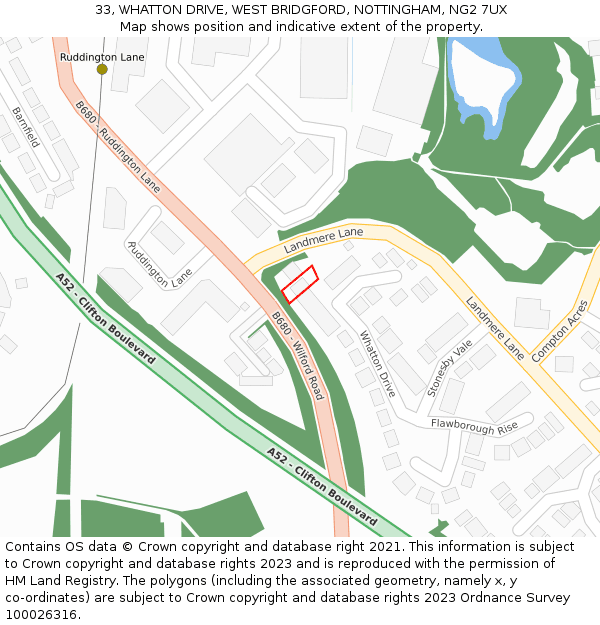 33, WHATTON DRIVE, WEST BRIDGFORD, NOTTINGHAM, NG2 7UX: Location map and indicative extent of plot