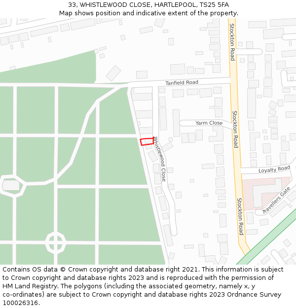 33, WHISTLEWOOD CLOSE, HARTLEPOOL, TS25 5FA: Location map and indicative extent of plot