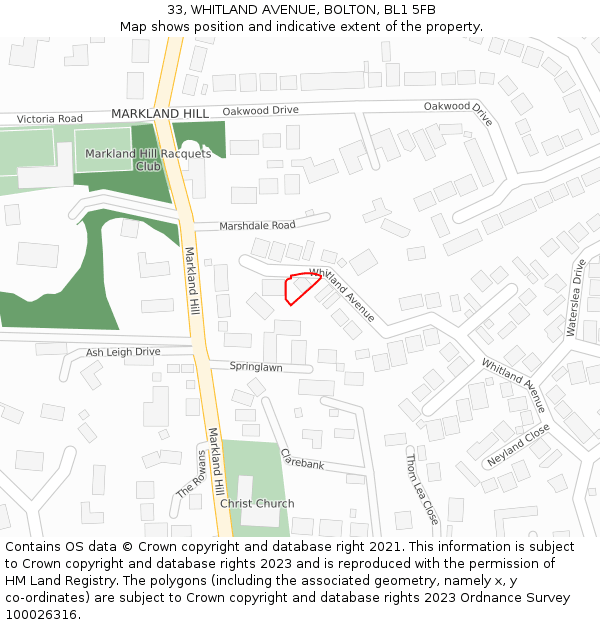 33, WHITLAND AVENUE, BOLTON, BL1 5FB: Location map and indicative extent of plot