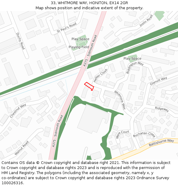 33, WHITMORE WAY, HONITON, EX14 2GR: Location map and indicative extent of plot