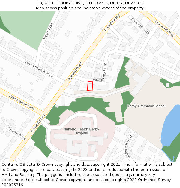 33, WHITTLEBURY DRIVE, LITTLEOVER, DERBY, DE23 3BF: Location map and indicative extent of plot