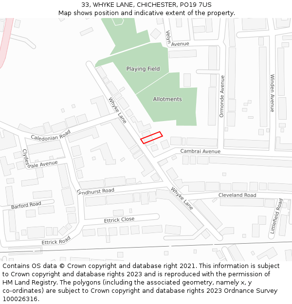 33, WHYKE LANE, CHICHESTER, PO19 7US: Location map and indicative extent of plot
