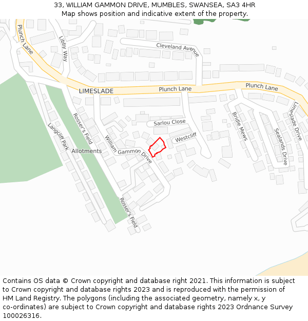 33, WILLIAM GAMMON DRIVE, MUMBLES, SWANSEA, SA3 4HR: Location map and indicative extent of plot