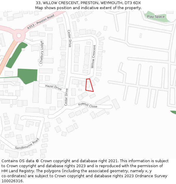 33, WILLOW CRESCENT, PRESTON, WEYMOUTH, DT3 6DX: Location map and indicative extent of plot