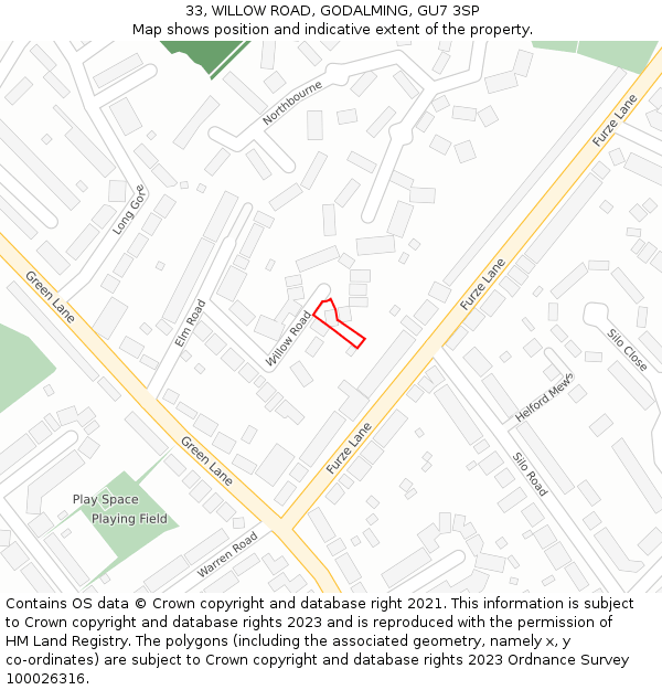 33, WILLOW ROAD, GODALMING, GU7 3SP: Location map and indicative extent of plot