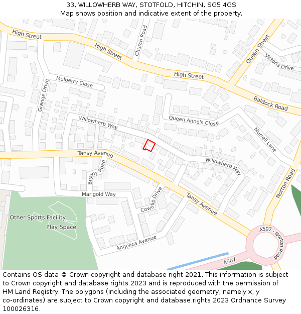 33, WILLOWHERB WAY, STOTFOLD, HITCHIN, SG5 4GS: Location map and indicative extent of plot