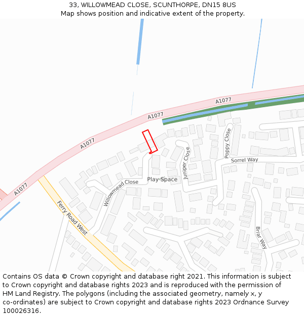 33, WILLOWMEAD CLOSE, SCUNTHORPE, DN15 8US: Location map and indicative extent of plot