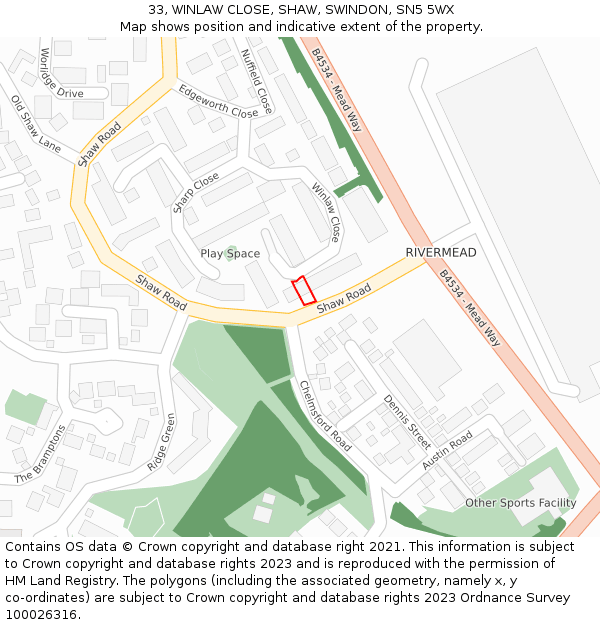 33, WINLAW CLOSE, SHAW, SWINDON, SN5 5WX: Location map and indicative extent of plot