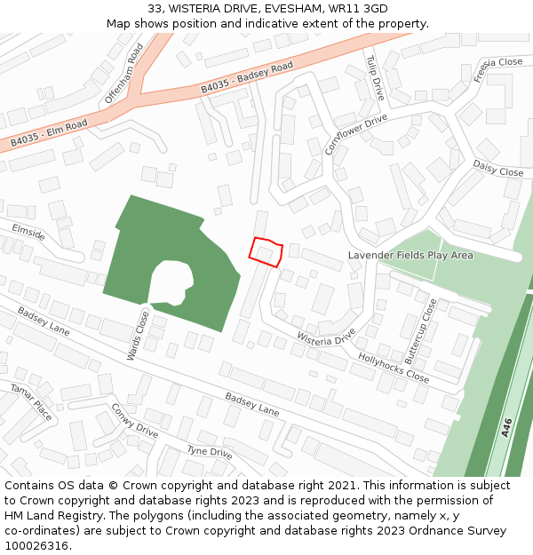 33, WISTERIA DRIVE, EVESHAM, WR11 3GD: Location map and indicative extent of plot