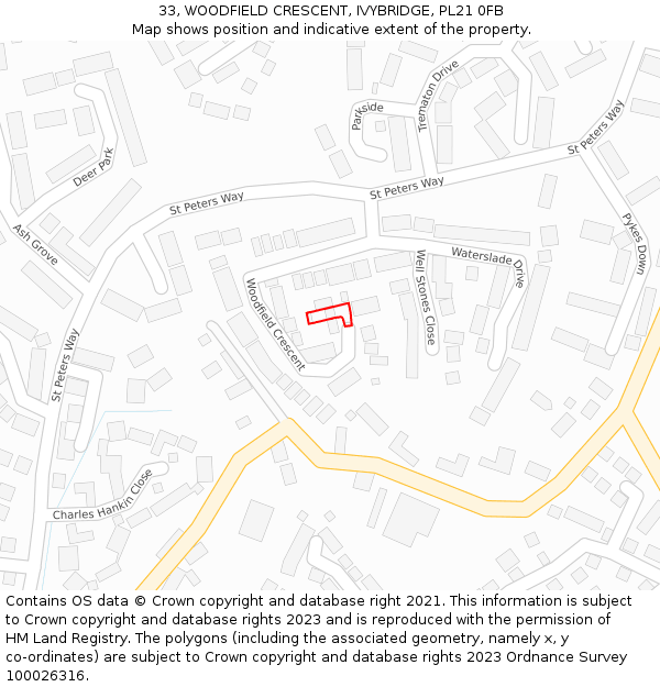 33, WOODFIELD CRESCENT, IVYBRIDGE, PL21 0FB: Location map and indicative extent of plot