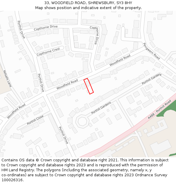 33, WOODFIELD ROAD, SHREWSBURY, SY3 8HY: Location map and indicative extent of plot