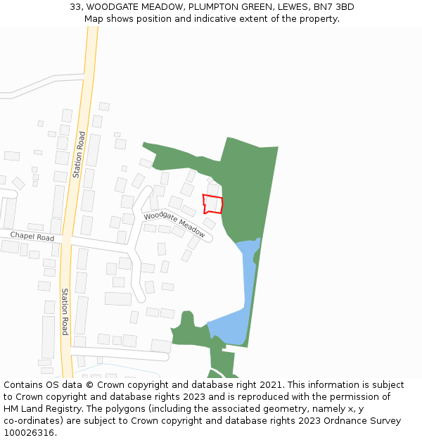 33, WOODGATE MEADOW, PLUMPTON GREEN, LEWES, BN7 3BD: Location map and indicative extent of plot
