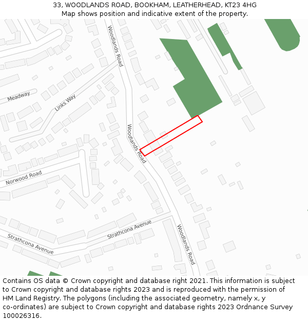 33, WOODLANDS ROAD, BOOKHAM, LEATHERHEAD, KT23 4HG: Location map and indicative extent of plot