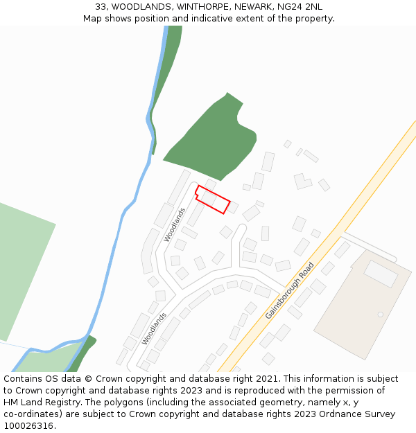 33, WOODLANDS, WINTHORPE, NEWARK, NG24 2NL: Location map and indicative extent of plot