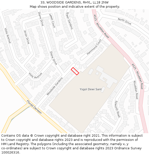 33, WOODSIDE GARDENS, RHYL, LL18 2NW: Location map and indicative extent of plot