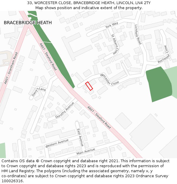 33, WORCESTER CLOSE, BRACEBRIDGE HEATH, LINCOLN, LN4 2TY: Location map and indicative extent of plot