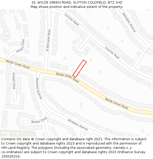 33, WYLDE GREEN ROAD, SUTTON COLDFIELD, B72 1HD: Location map and indicative extent of plot